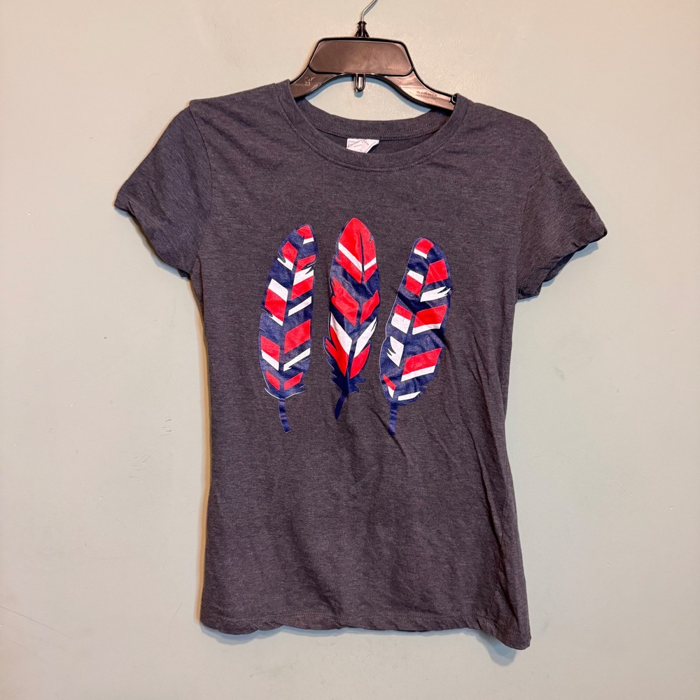 Old Navy Womens Graphic T-Shirt Gray Red White Blue Feather Small